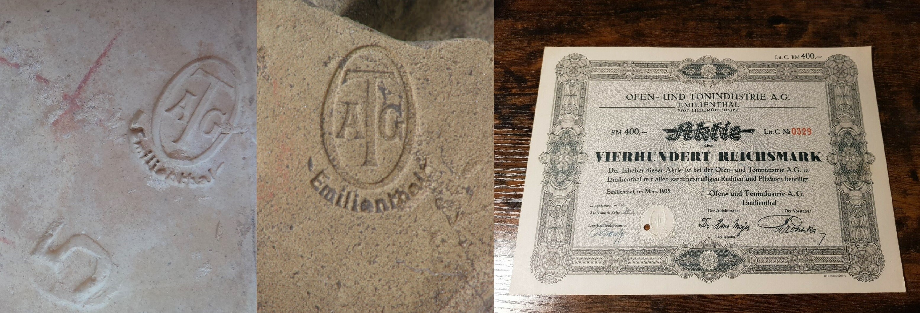 Kafle i dokument akcyjny z Emilianowa (Emilienthal) - pozostałości po cegielni i fabryce pod Miłomłynem