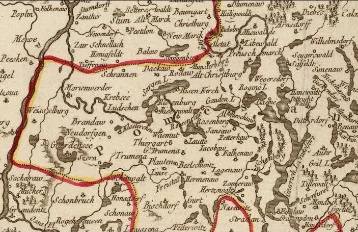 Mapa z 1786 r. Okolice Jezioraka na mapie Roberta de Vaugondy „La Prusse divisee en Prusse Royale..." z 1786 r.