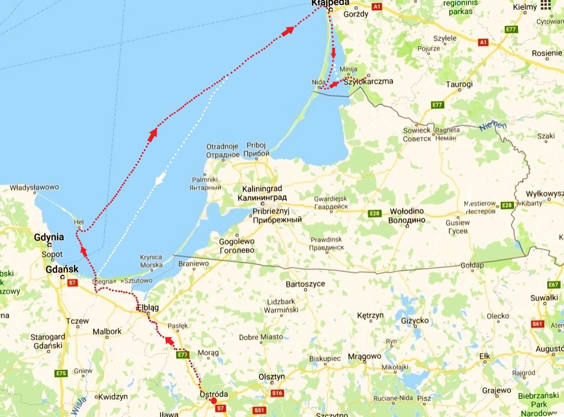 Trasa rejsu z Ostródy na Niemen Trasa rejsu z Ostródy na Niemen. Mapka z trasą rejsu na Zalew Kuroński